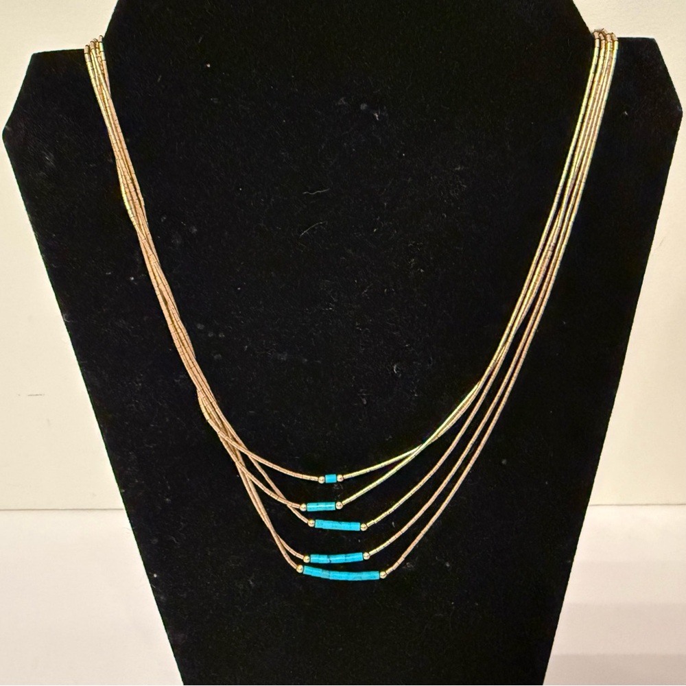 G/F VINTAGE NECKLACE 5 STRAND LIQUID BEADS GOLD FILLED TURQUOISE 16.5”